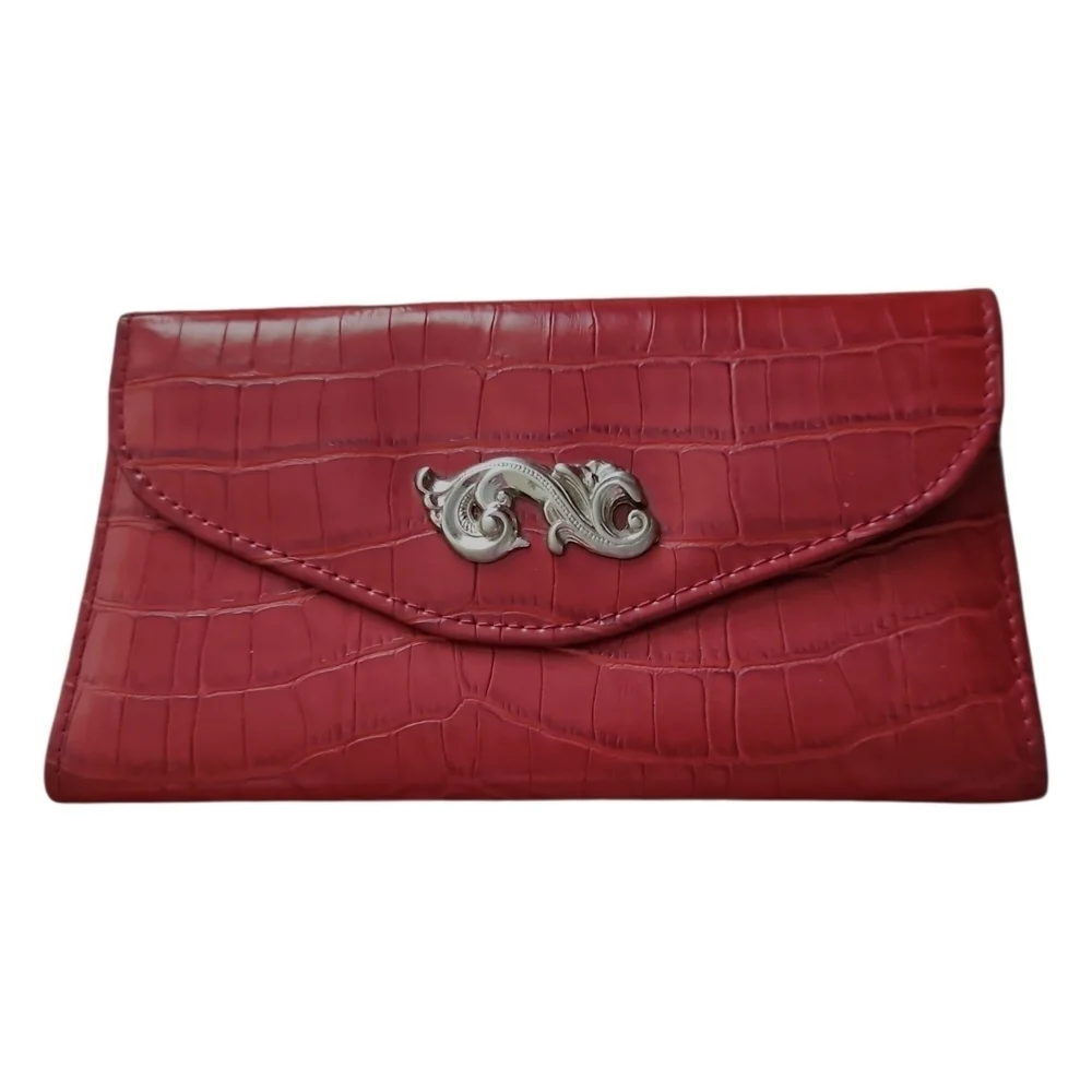 Maroon Red Crocodile-Embossed Clutch Or Long Wallet, Tri-fold